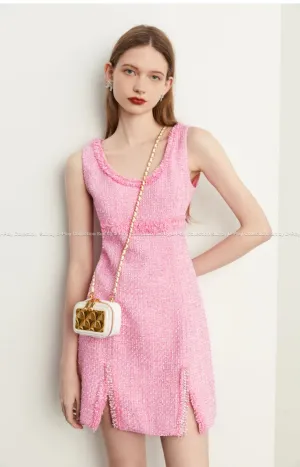 Fall Autumn light luxury bubblegum pink short sleeveless dress - Cien