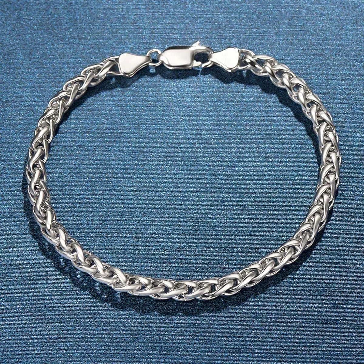 FANCIME Mens Thick Wheat Link Sterling Silver Bracelet