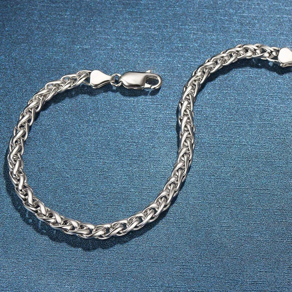 FANCIME Mens Thick Wheat Link Sterling Silver Bracelet