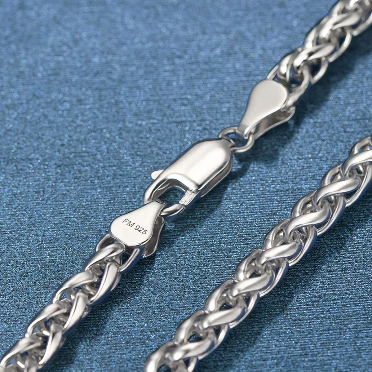 FANCIME Mens Thick Wheat Link Sterling Silver Bracelet