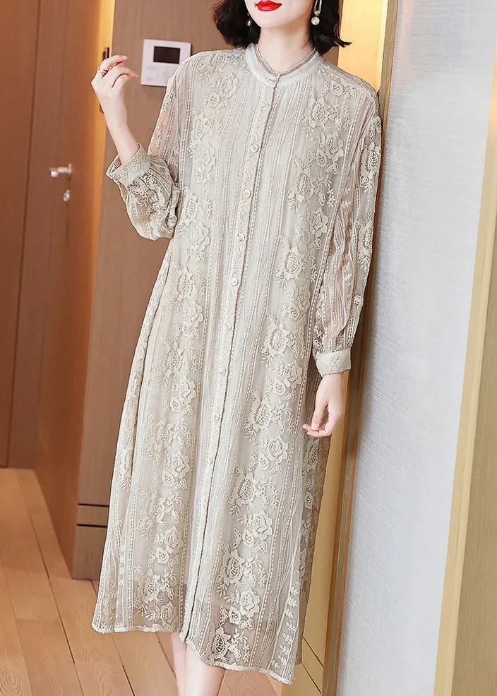 FLYTONN- Elegant Beige Embroidered Button Silk Long Dresses Long Sleeve OP1091