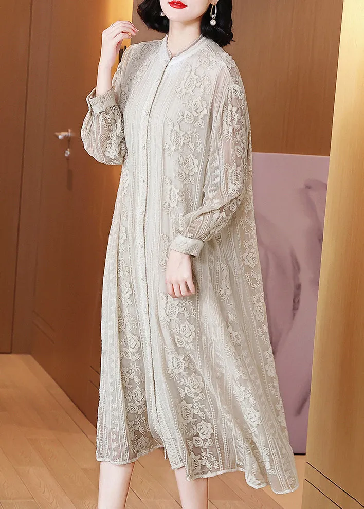 FLYTONN- Elegant Beige Embroidered Button Silk Long Dresses Long Sleeve OP1091