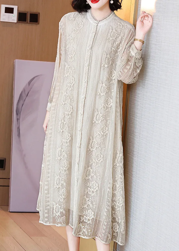 FLYTONN- Elegant Beige Embroidered Button Silk Long Dresses Long Sleeve OP1091