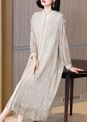 FLYTONN- Elegant Beige Embroidered Button Silk Long Dresses Long Sleeve OP1091