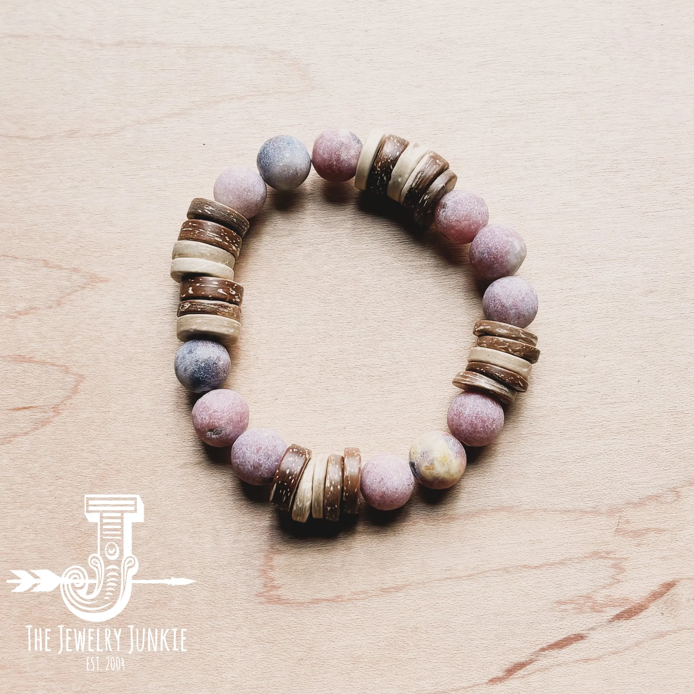 **Frosted Marble Jasper and Wood Stretch Bracelet (808z)