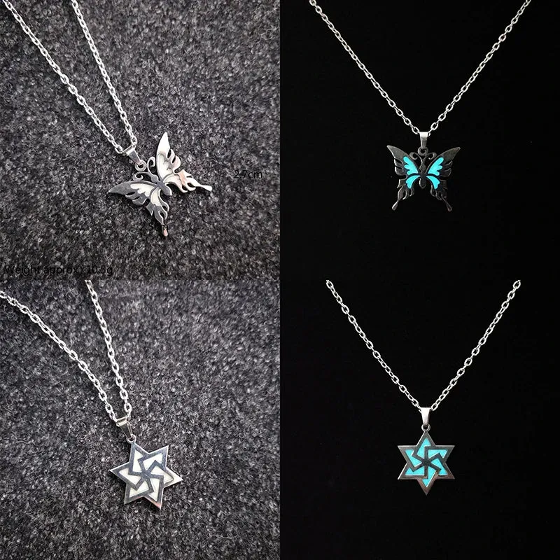 Glow In The Dark Necklace for Men Stainless Steel Punk Necklaces Luminous Butterfly Heart Pendant Party Jewelry Gift for Women