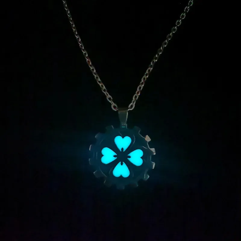 Glow In The Dark Necklace for Men Stainless Steel Punk Necklaces Luminous Butterfly Heart Pendant Party Jewelry Gift for Women