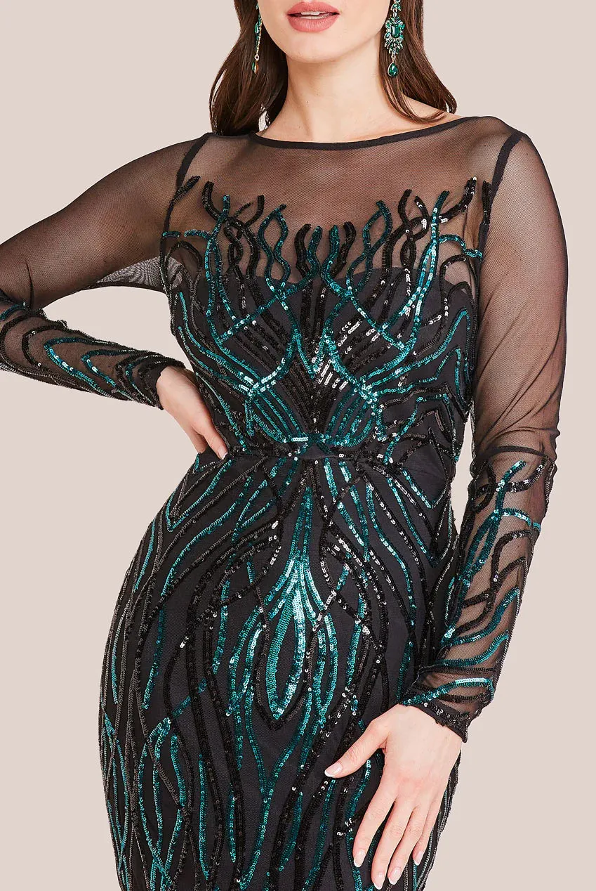 Goddiva Long Sleeve Sequin Flame Maxi - Emerald Green