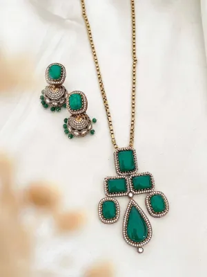 Gold Finish Emerald Synthetic Stone Long Necklace Set