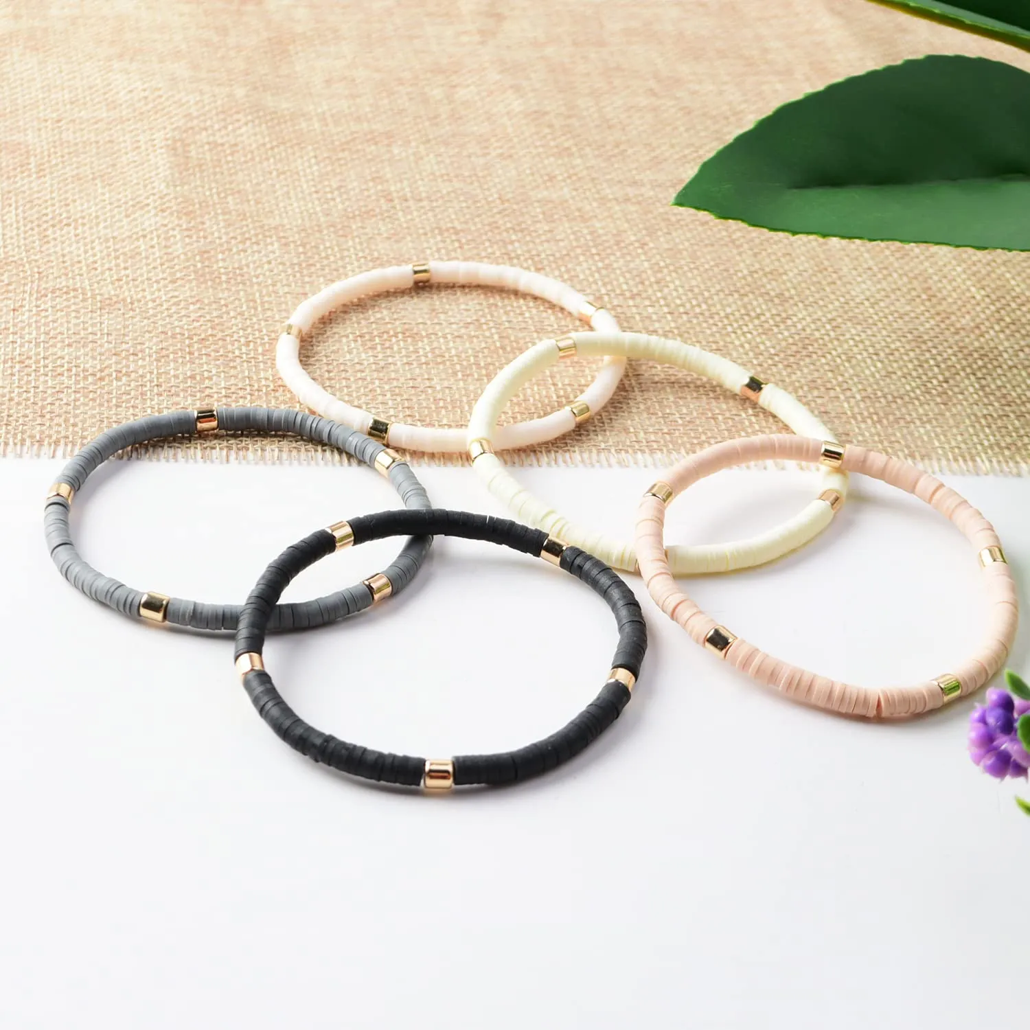 GOOJIDS Surfer Heishi Clay Bead Bracelets for Women Bohemian Stackable Gold Beaded Stretch Bracelets Elastic Layering Friendship Bracelets Set Boho Jewelry (B-New Surfer Color B)