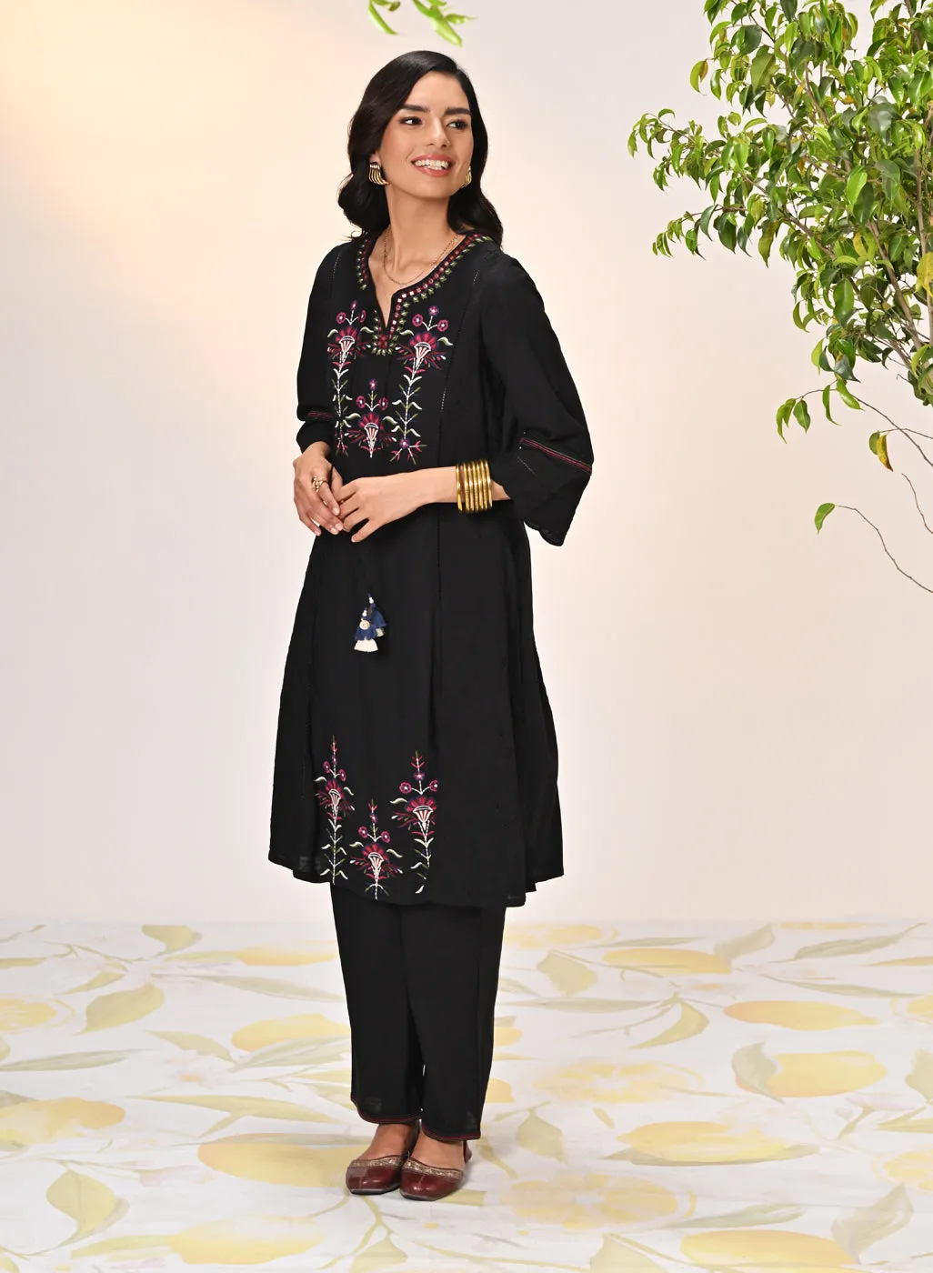 Harleen Ivory with Black Embroidered Cotton Linen Kurta Set for Women