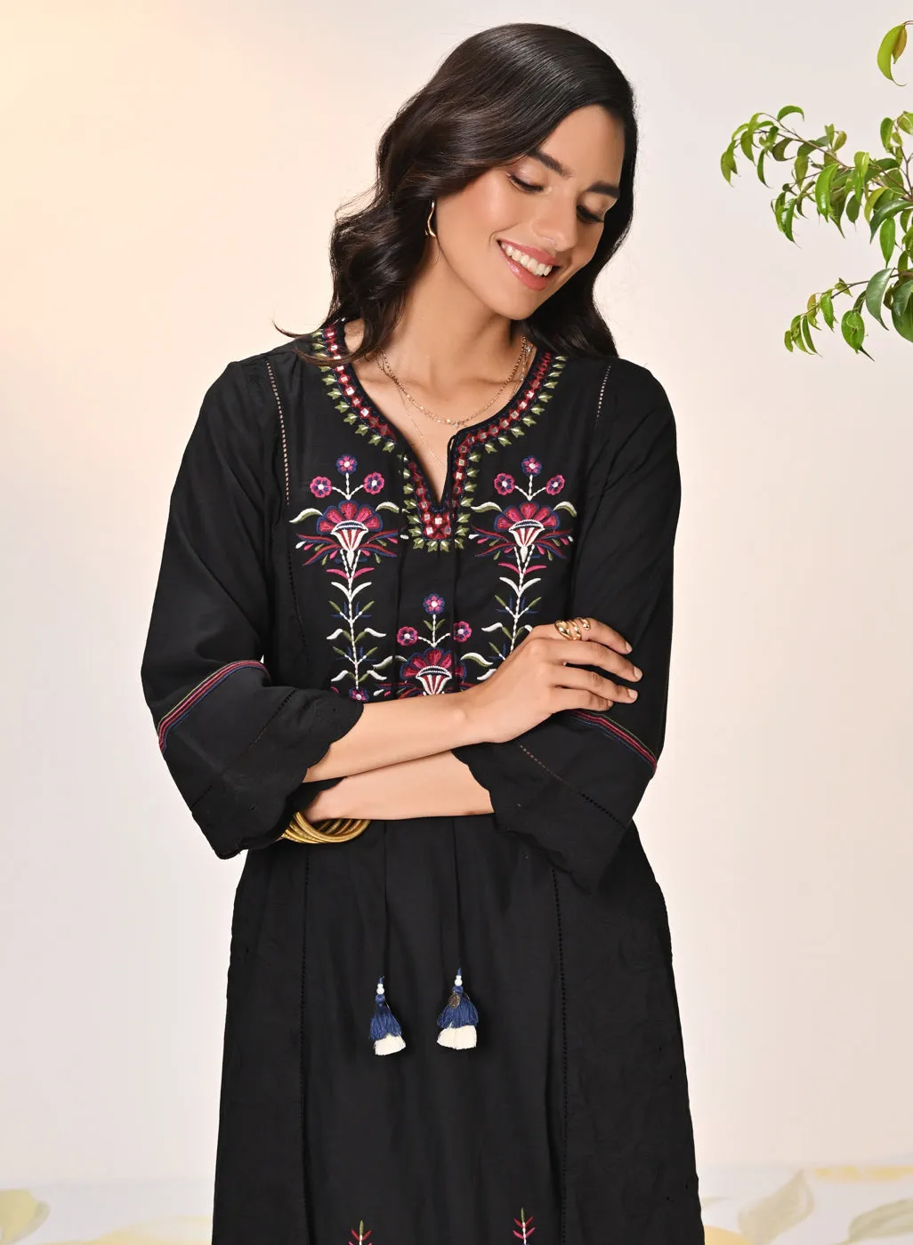 Harleen Ivory with Black Embroidered Cotton Linen Kurta Set for Women