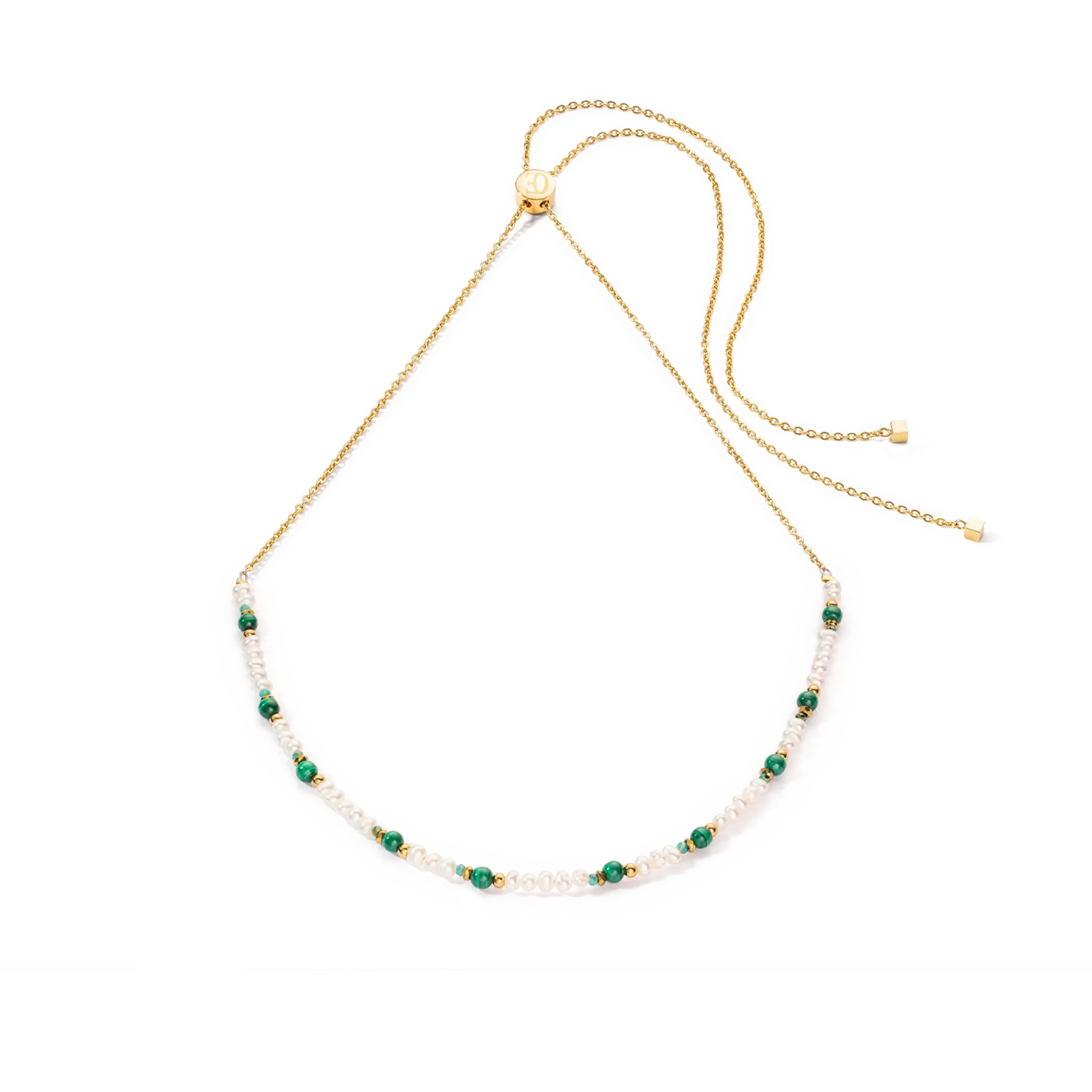 Harmony necklace freshwater pearls malachite & gold