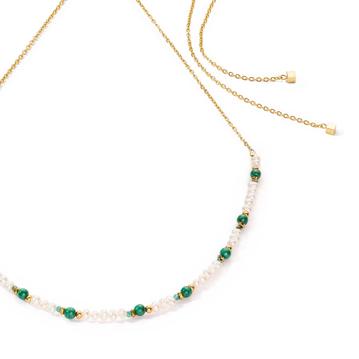 Harmony necklace freshwater pearls malachite & gold