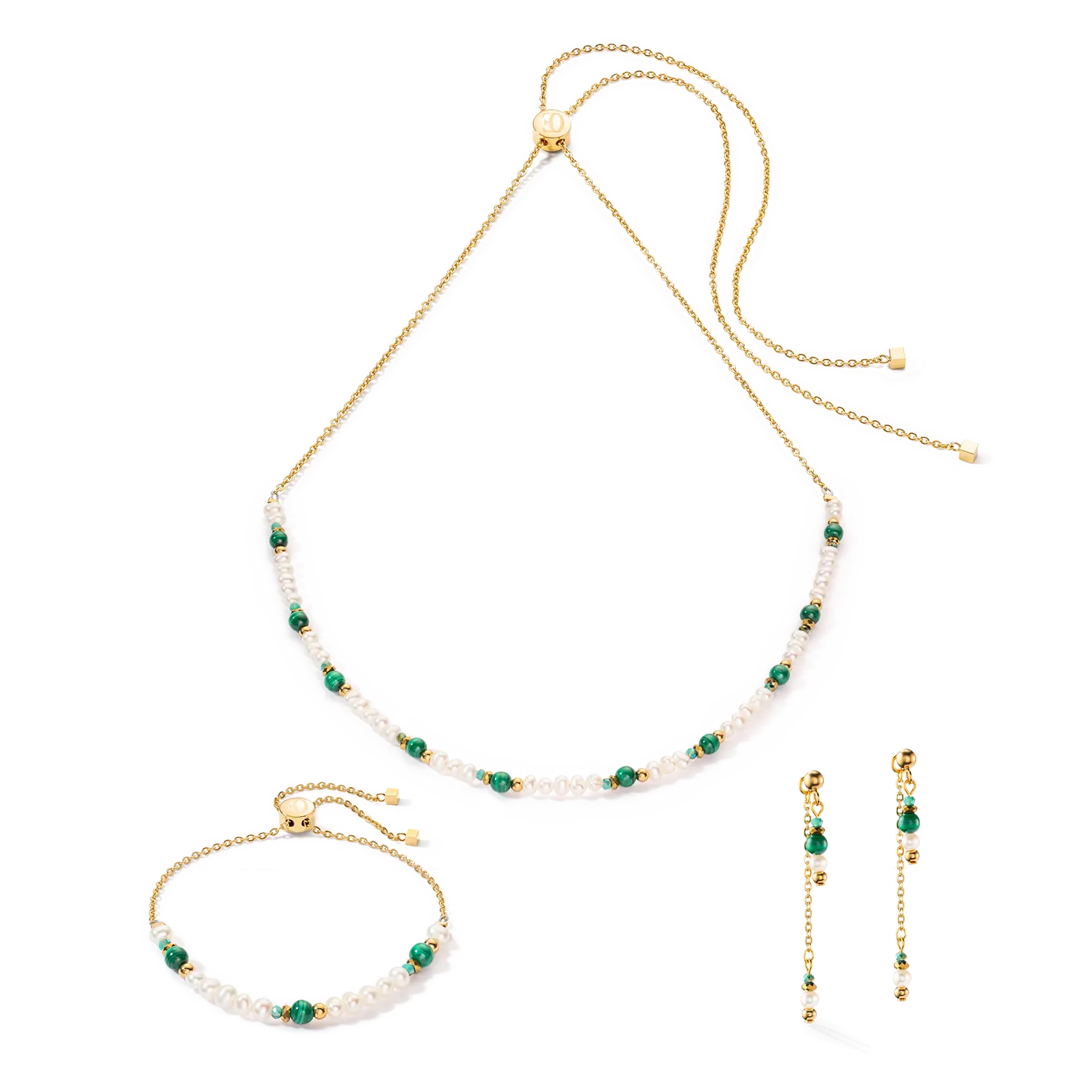 Harmony necklace freshwater pearls malachite & gold