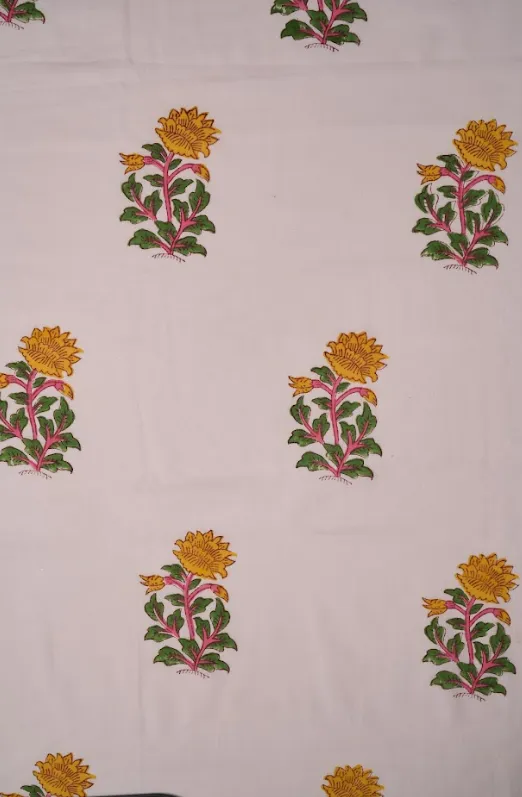 Ivory Pure Cotton Bagru Hand Block Marigold Printed Fabric