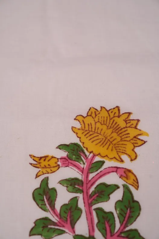 Ivory Pure Cotton Bagru Hand Block Marigold Printed Fabric