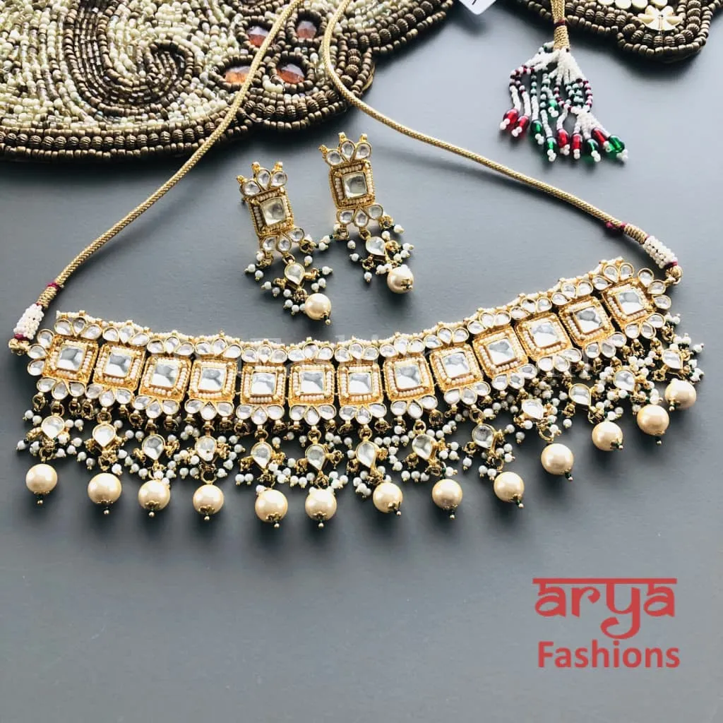 Jaipuri Pacchi Kundan Choker with Pearl Drops