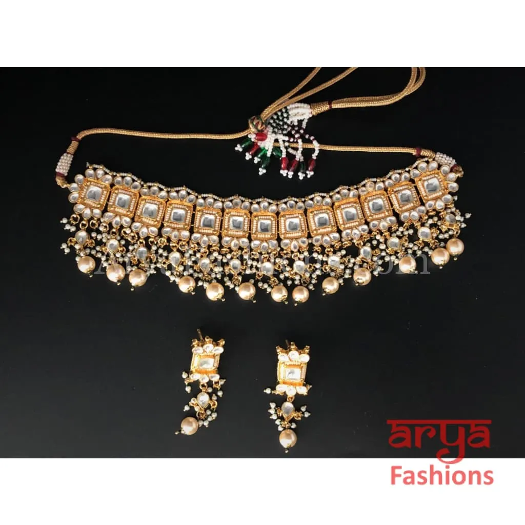 Jaipuri Pacchi Kundan Choker with Pearl Drops