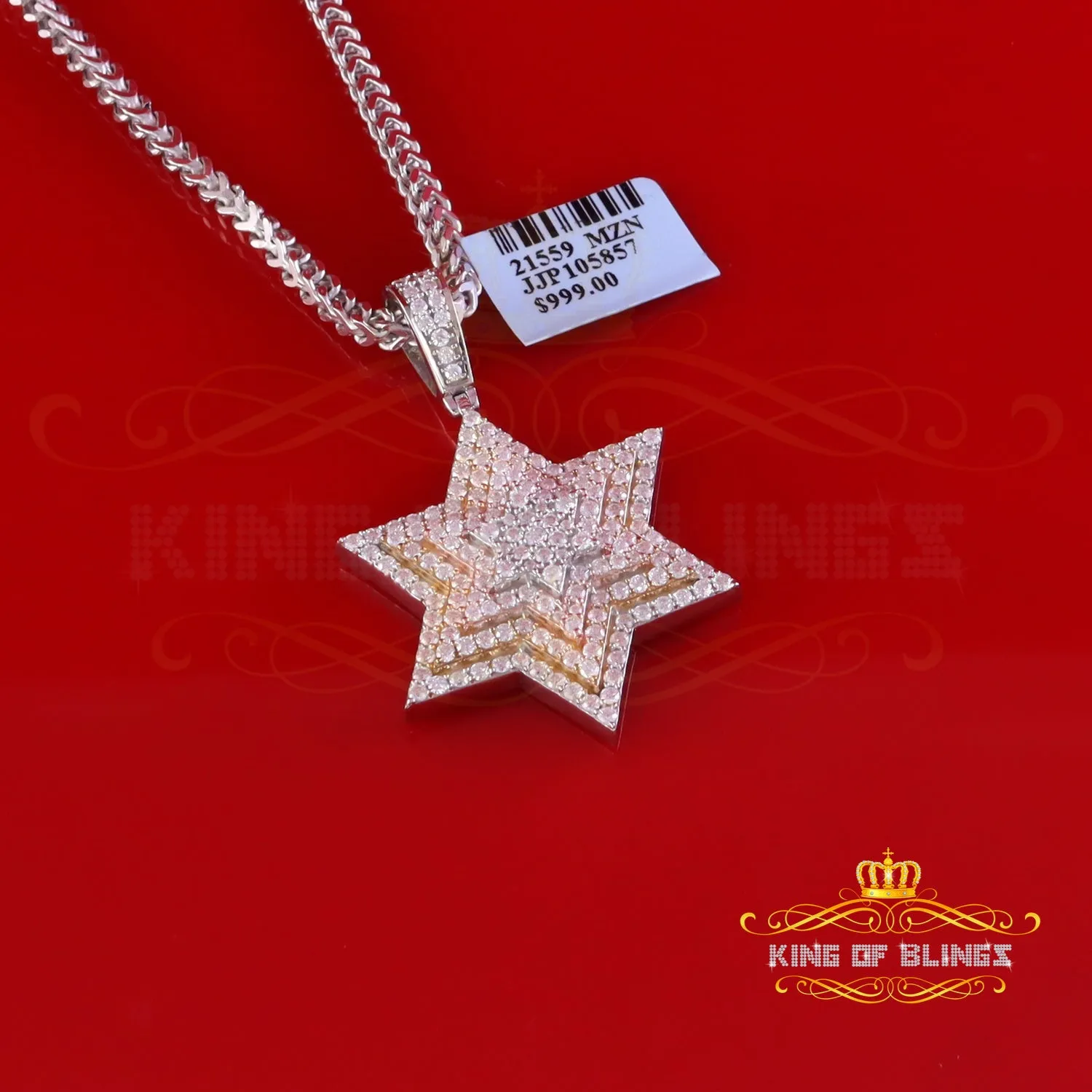 King Of Bling's 925 Silver White Six Pointed Star of David Pendant Men's 2.50ct VVS Moissanite