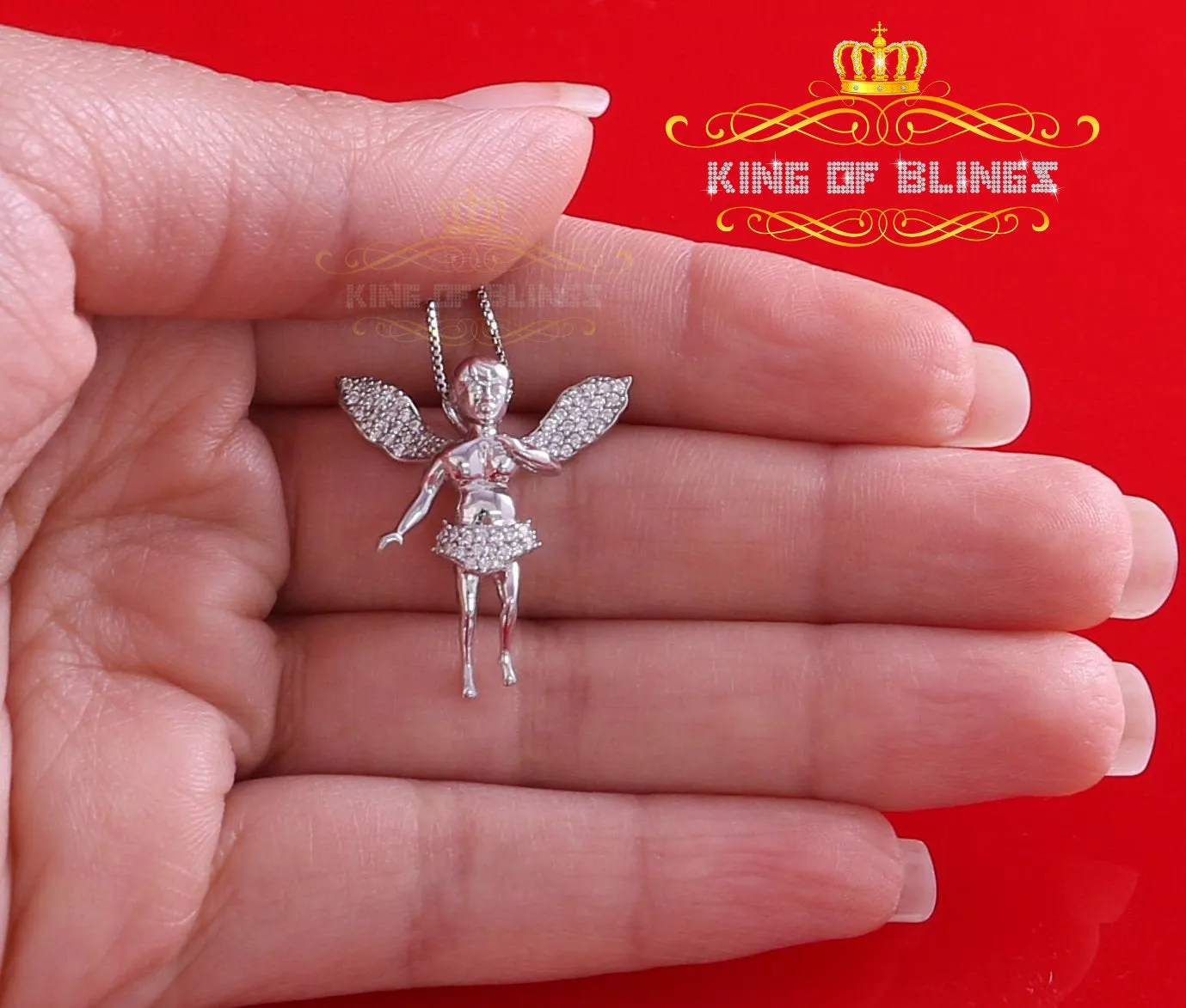 King Of Bling's White 925 Silver ANGEL Type Of Shape Size of Pendant With 0.70ct Cubic Zirconia