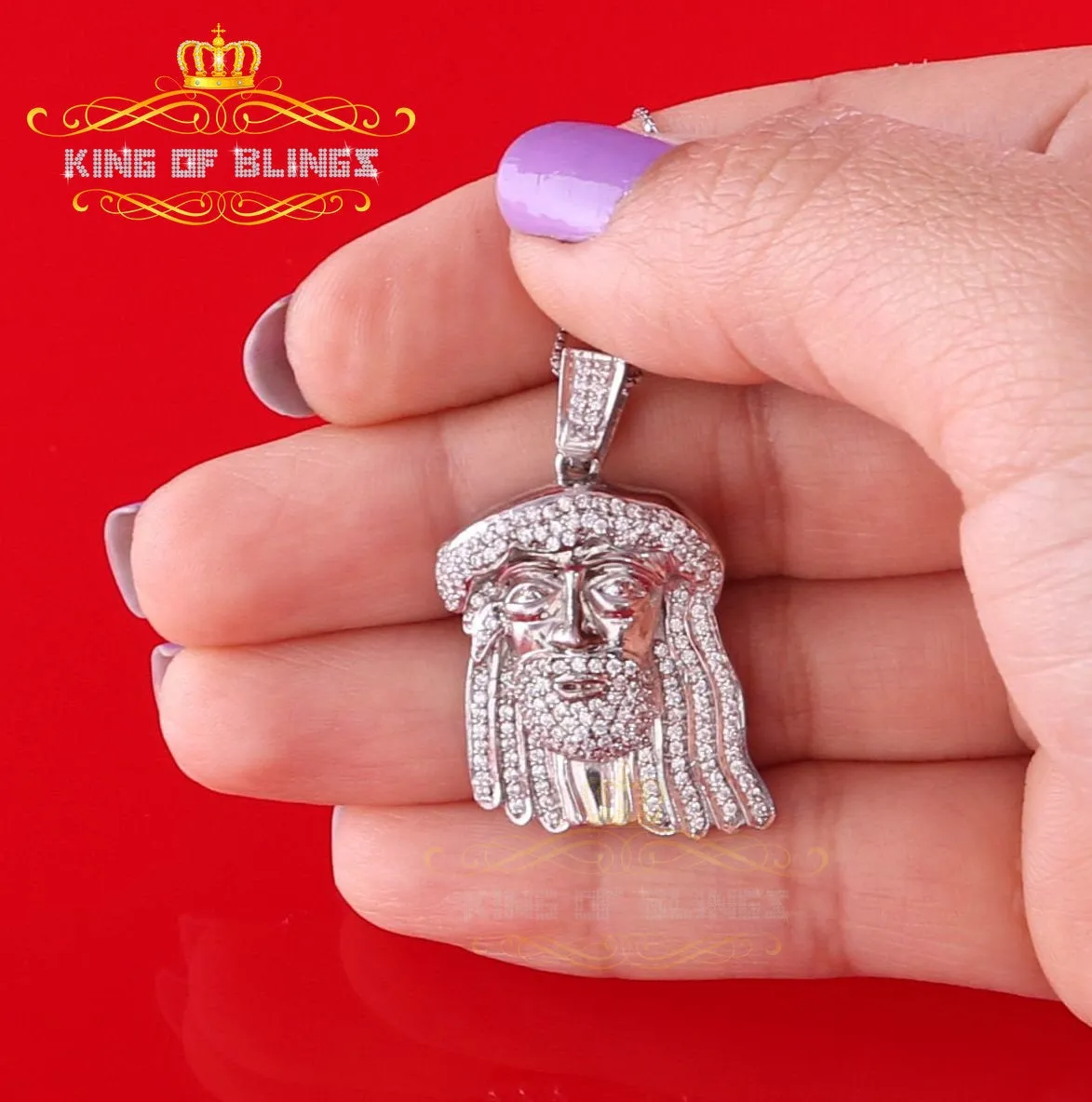 King Of Bling's White 925 Sterling Silver Pendant with Jesus Face Shape 1.89ct Cubic Zirconia