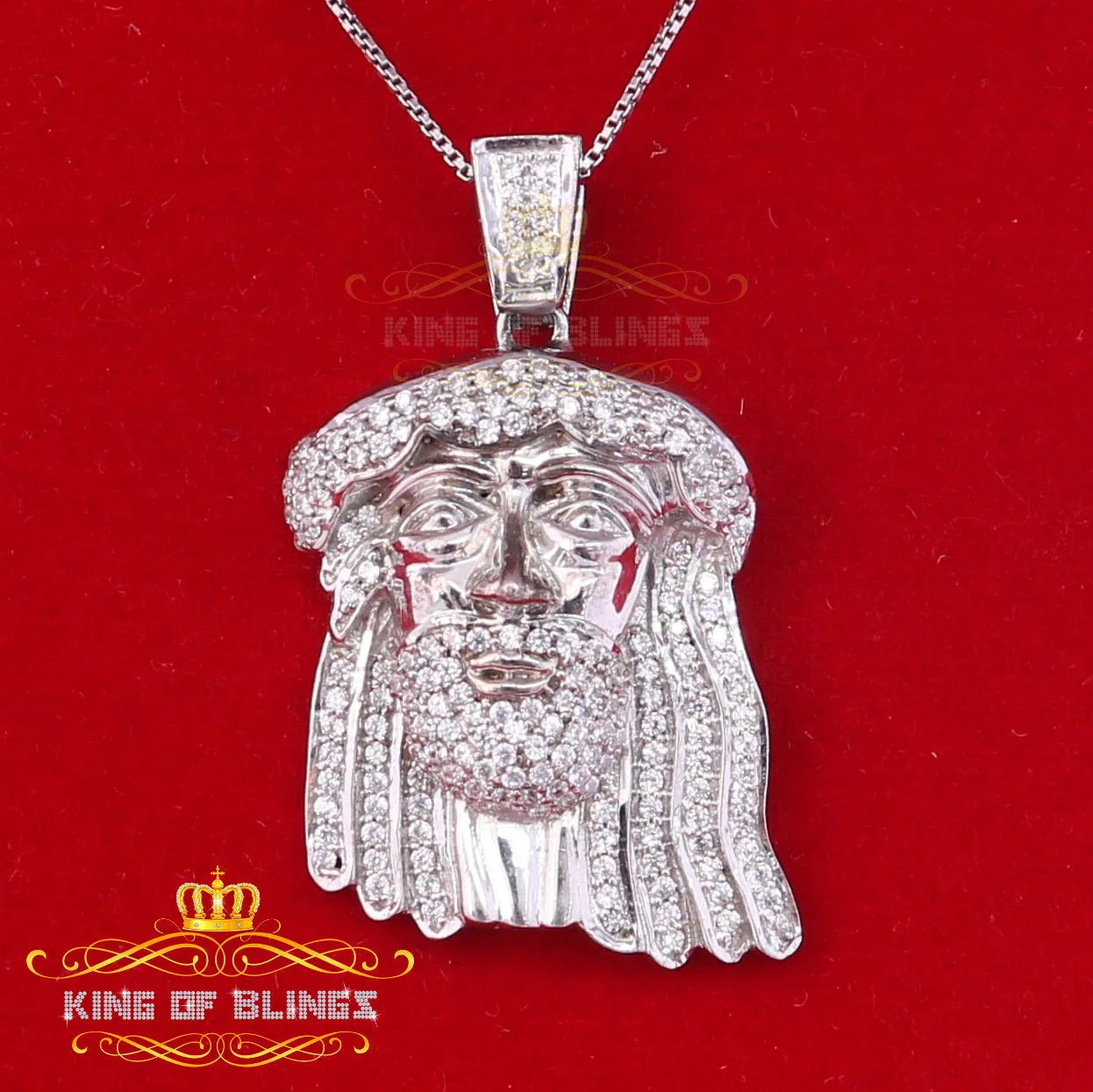 King Of Bling's White 925 Sterling Silver Pendant with Jesus Face Shape 1.89ct Cubic Zirconia