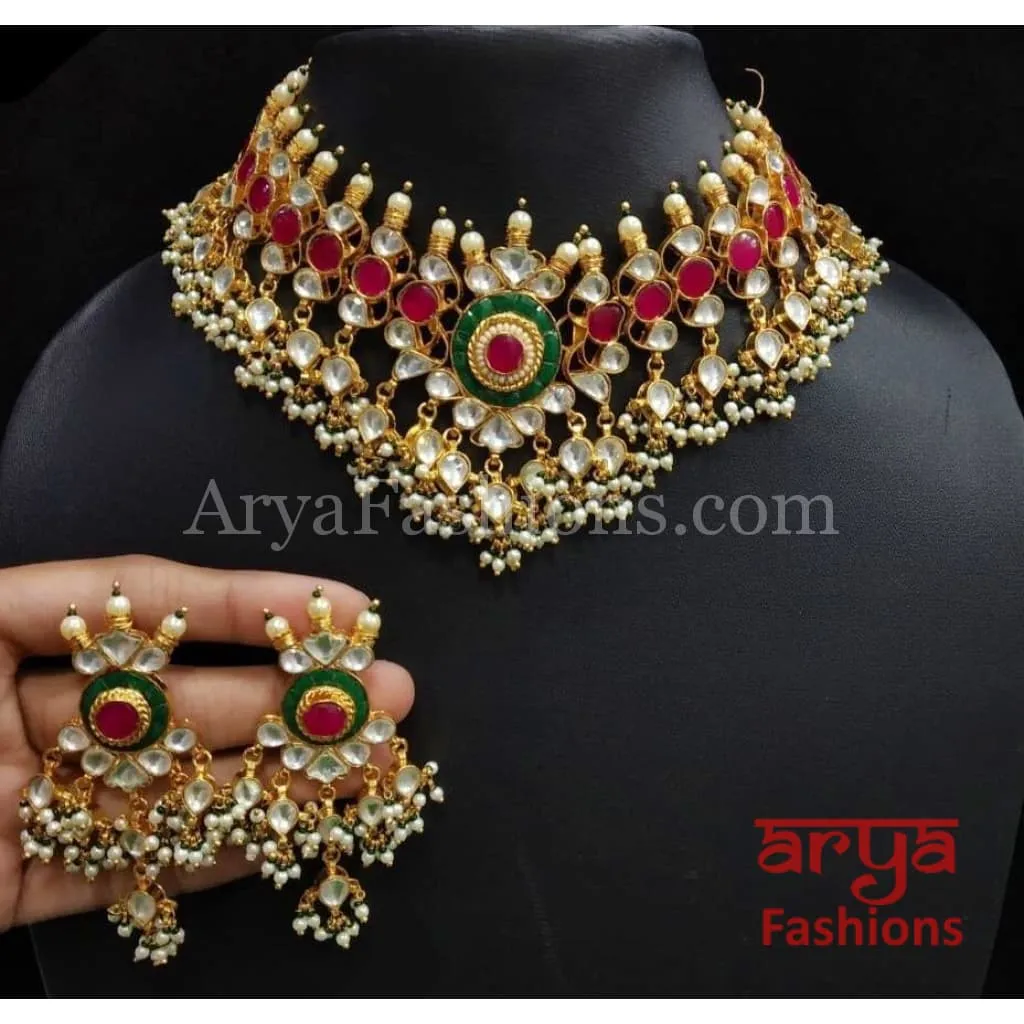 Kundan Meenakari Choker with Pearl Drops