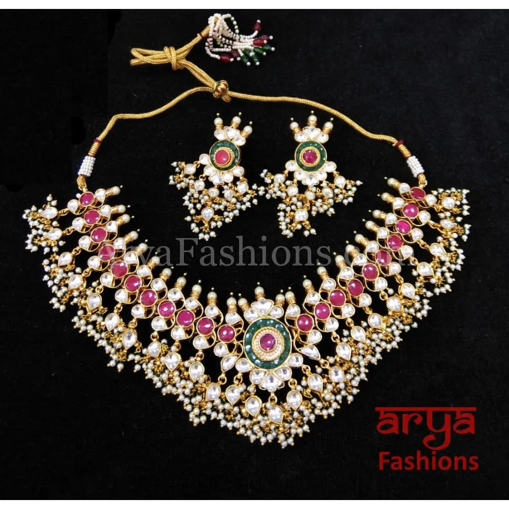 Kundan Meenakari Choker with Pearl Drops