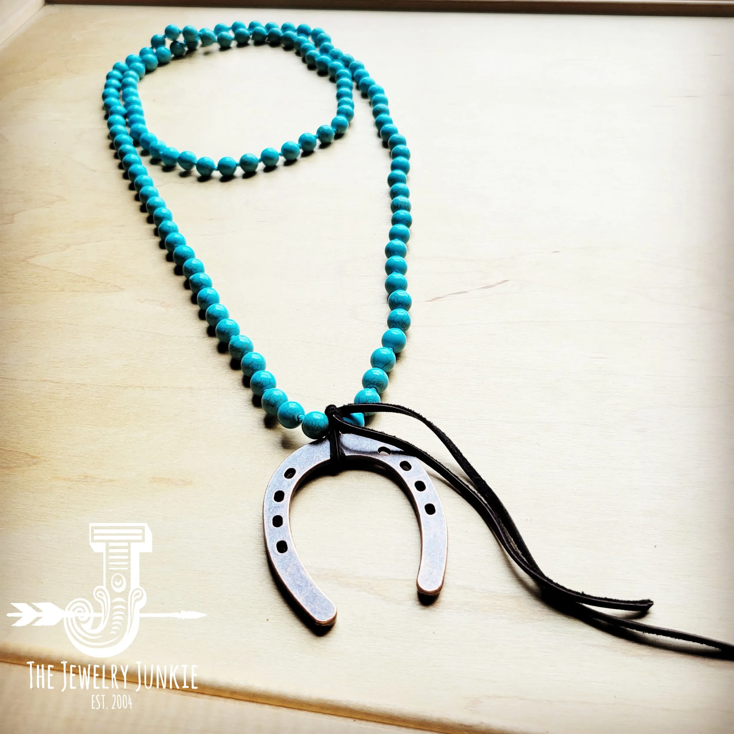 Long Turquoise Beaded Necklace w/ Copper Horse Shoe 258m