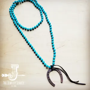 Long Turquoise Beaded Necklace w/ Copper Horse Shoe 258m