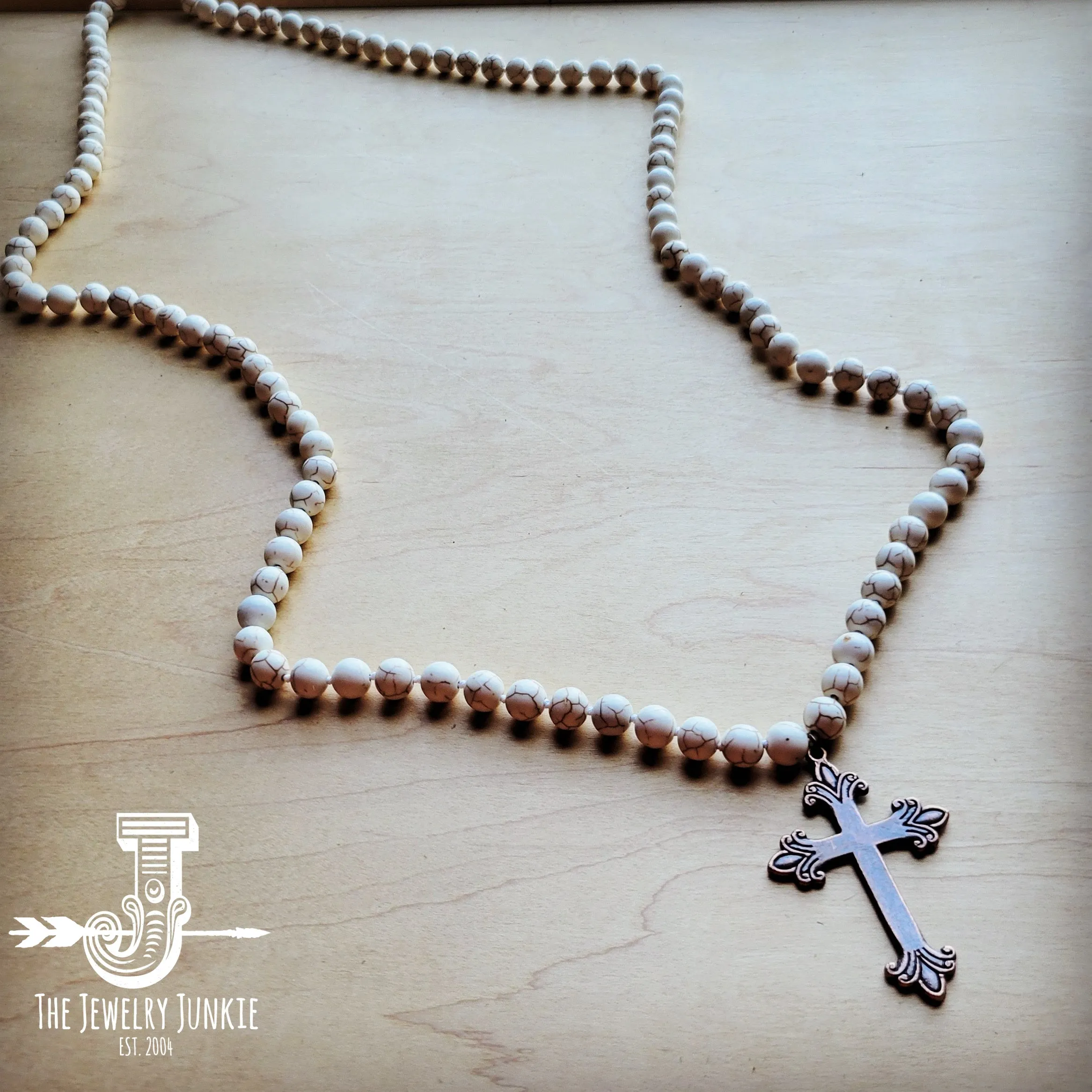 Long White Turquoise Beaded Necklace w/ Copper Cross 259a