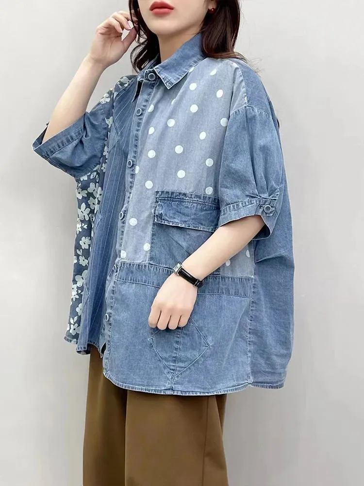 Loose Printed Floral Striped Dot Denim Blouse