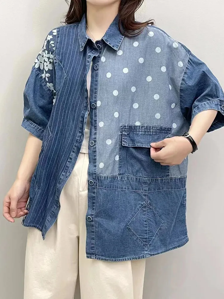 Loose Printed Floral Striped Dot Denim Blouse