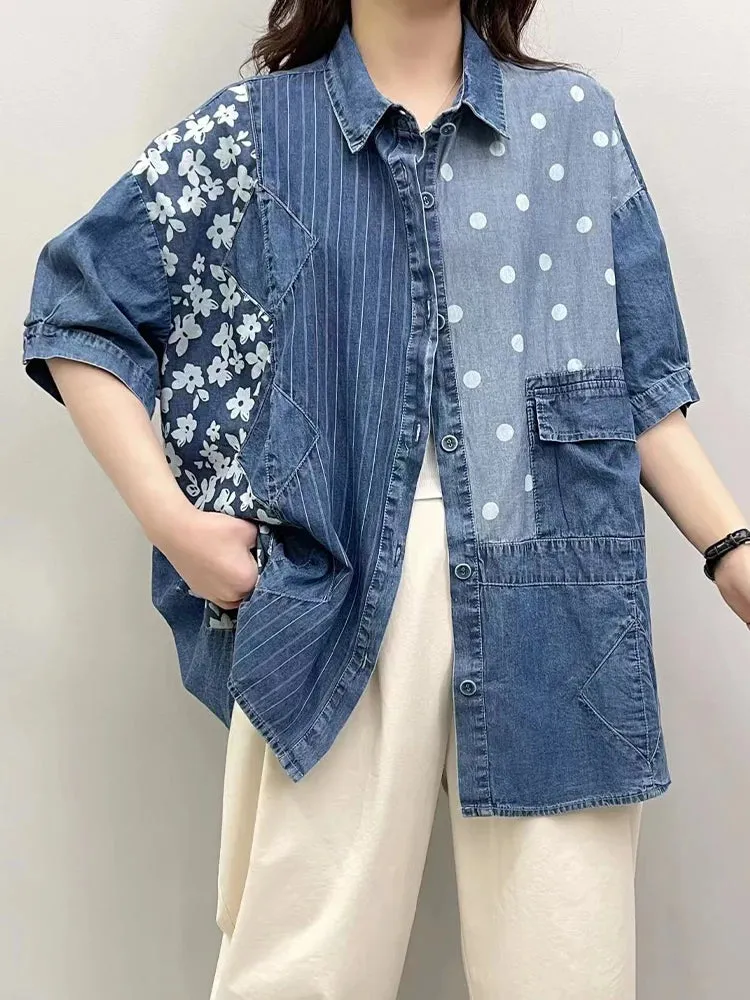 Loose Printed Floral Striped Dot Denim Blouse