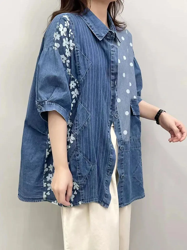 Loose Printed Floral Striped Dot Denim Blouse