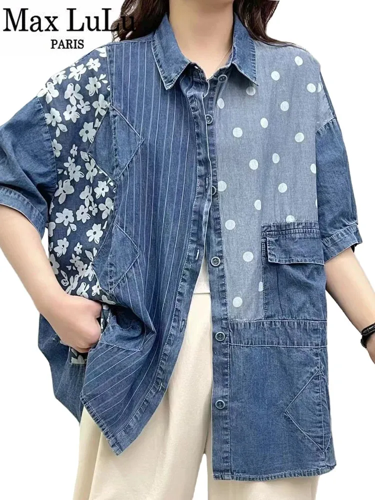 Loose Printed Floral Striped Dot Denim Blouse