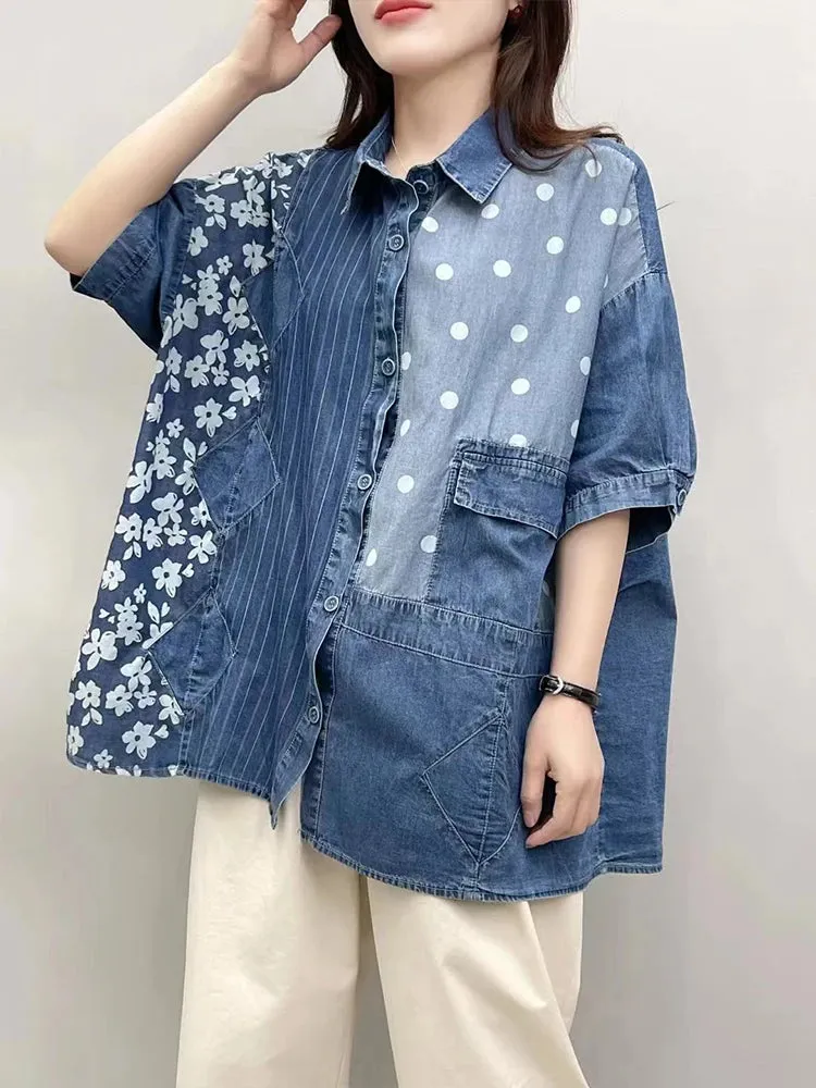 Loose Printed Floral Striped Dot Denim Blouse