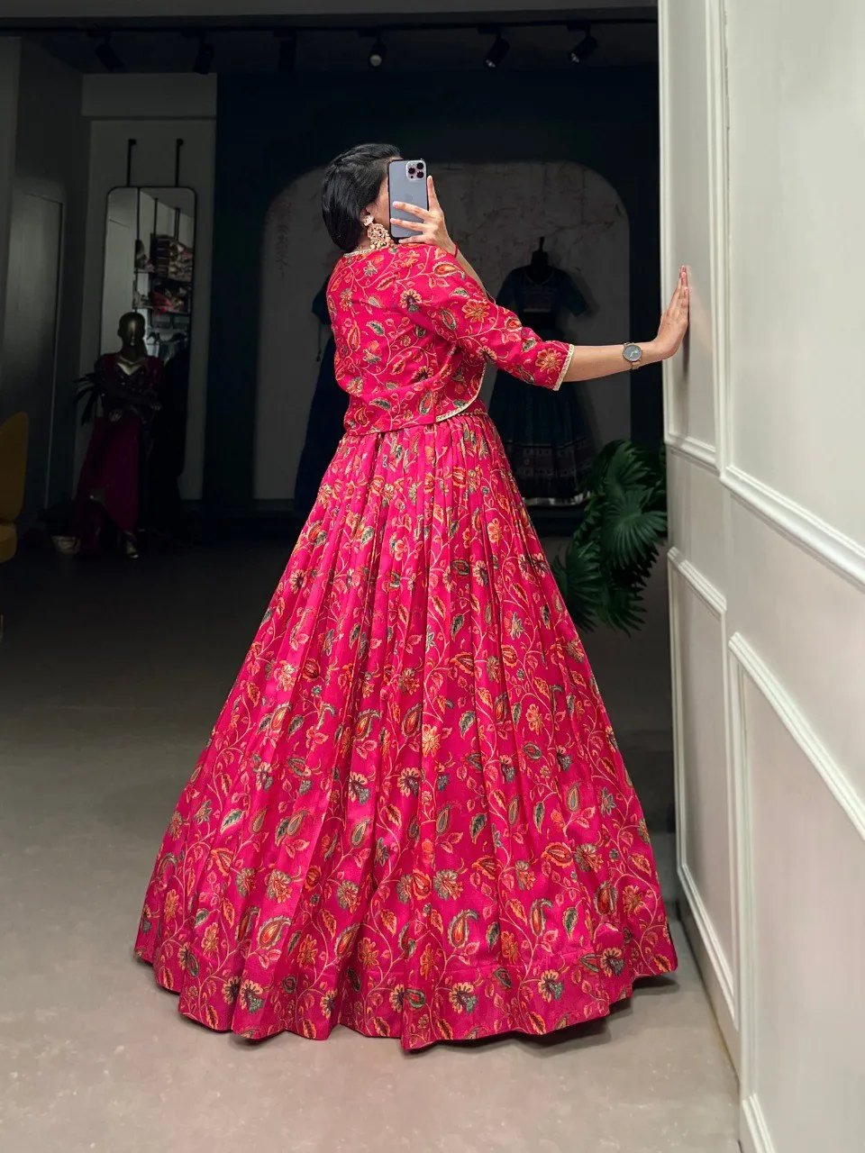 Luminous Pink Silk Floral Printed Jacket Lehenga Choli