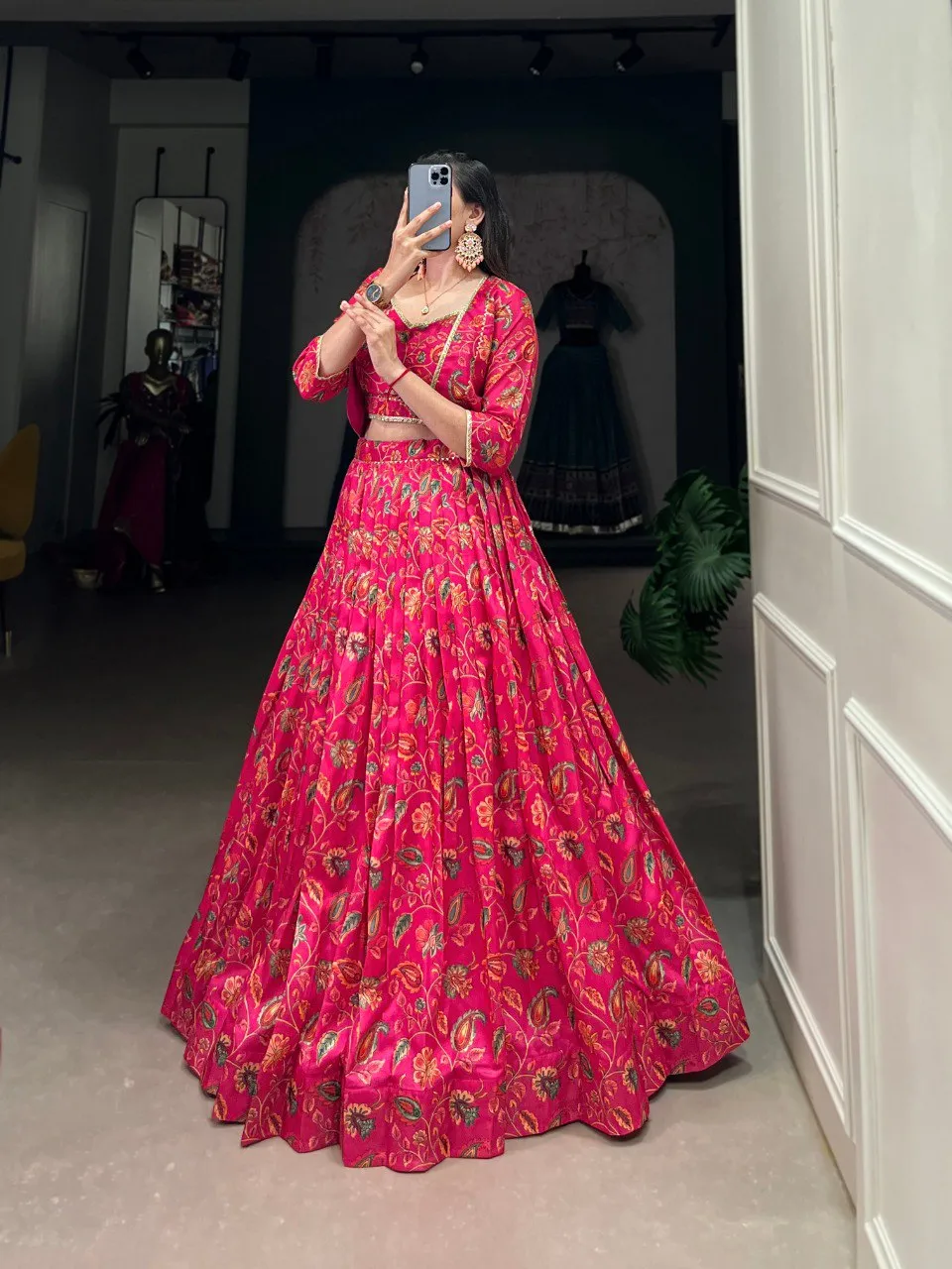 Luminous Pink Silk Floral Printed Jacket Lehenga Choli