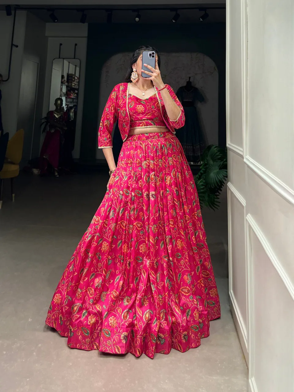 Luminous Pink Silk Floral Printed Jacket Lehenga Choli