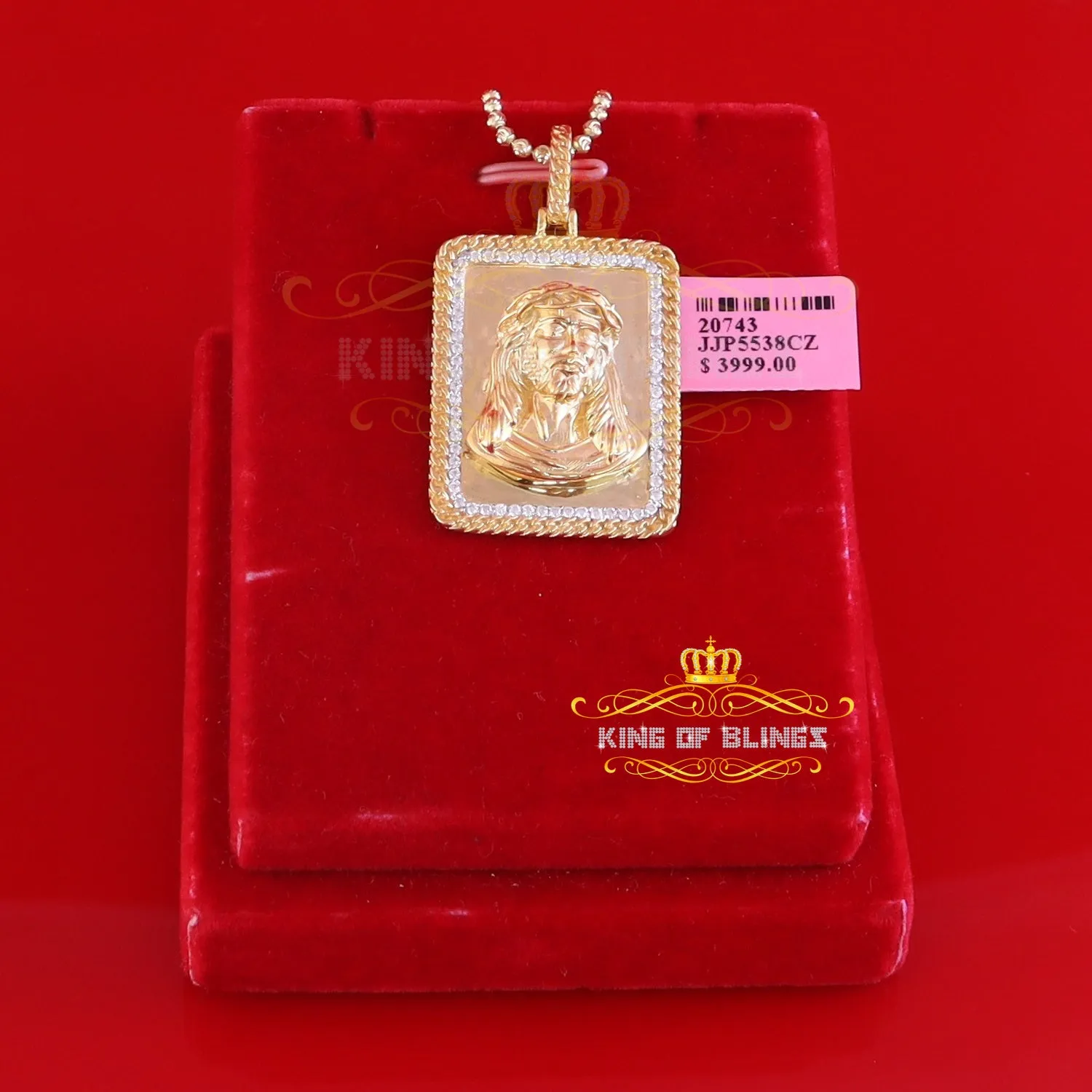 Men's Square JESUS Yellow 925 Sterling Silver 0.66ct CZ '1.00'inch 3D Pendant