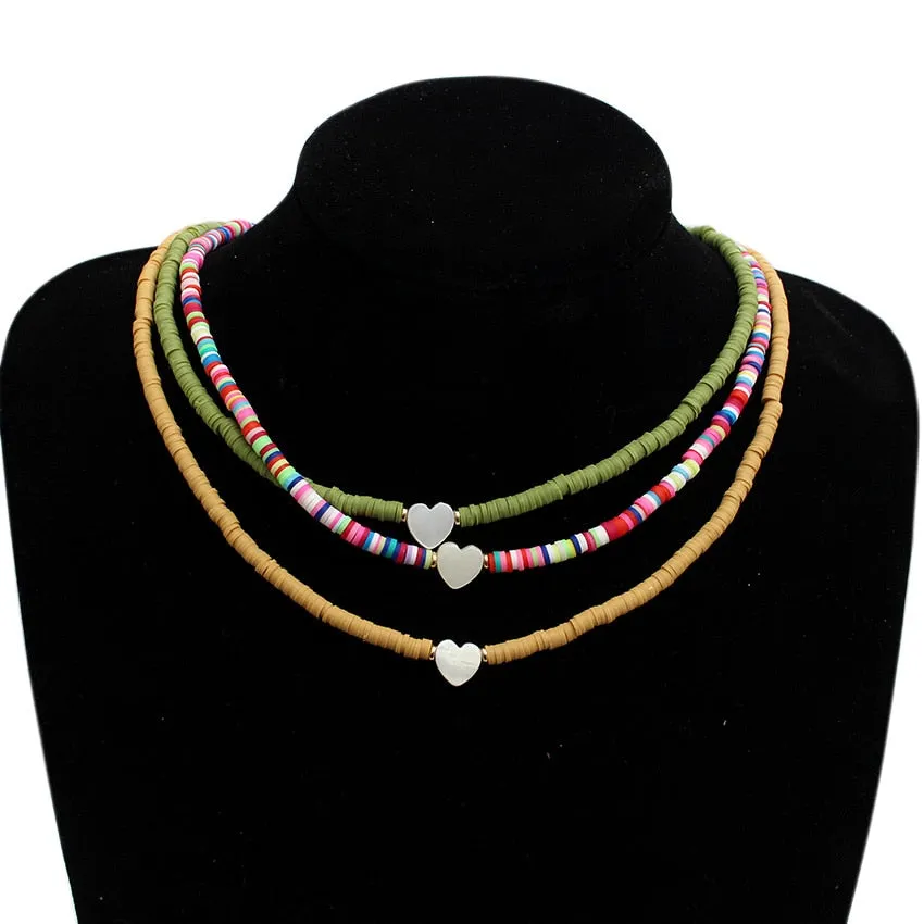 Natural Shell Beads Necklace Korean Fashion Heart Boho Polymer Clay Choker Colorful Pendant Summer Neck  Handmade Female Jewelry