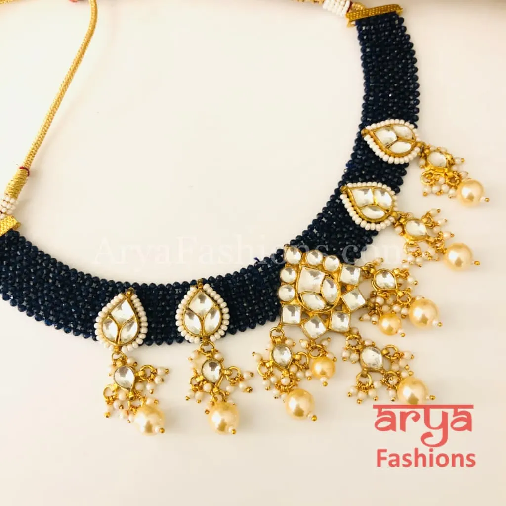 Navy Blue beads Choker, Blue Pacchi Kundan Choker