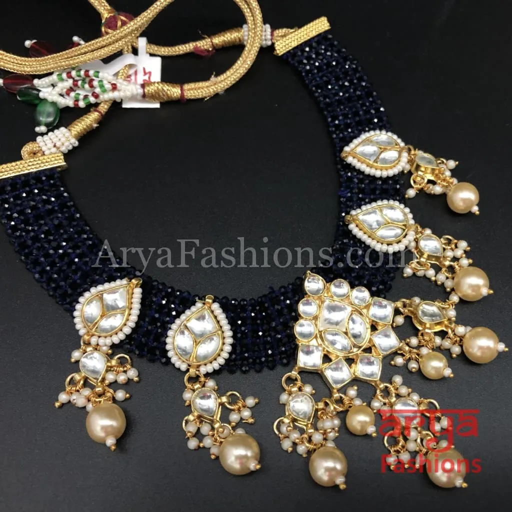 Navy Blue beads Choker, Blue Pacchi Kundan Choker