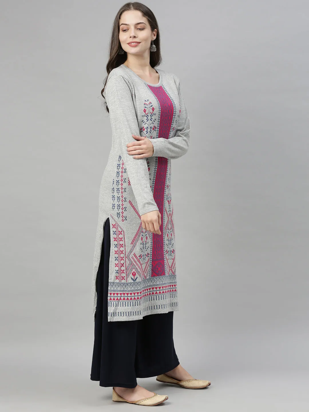 Neerus Women Grey Purple Geometric Printed Acrylic Knitted Kurta