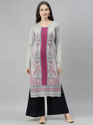 Neerus Women Grey Purple Geometric Printed Acrylic Knitted Kurta