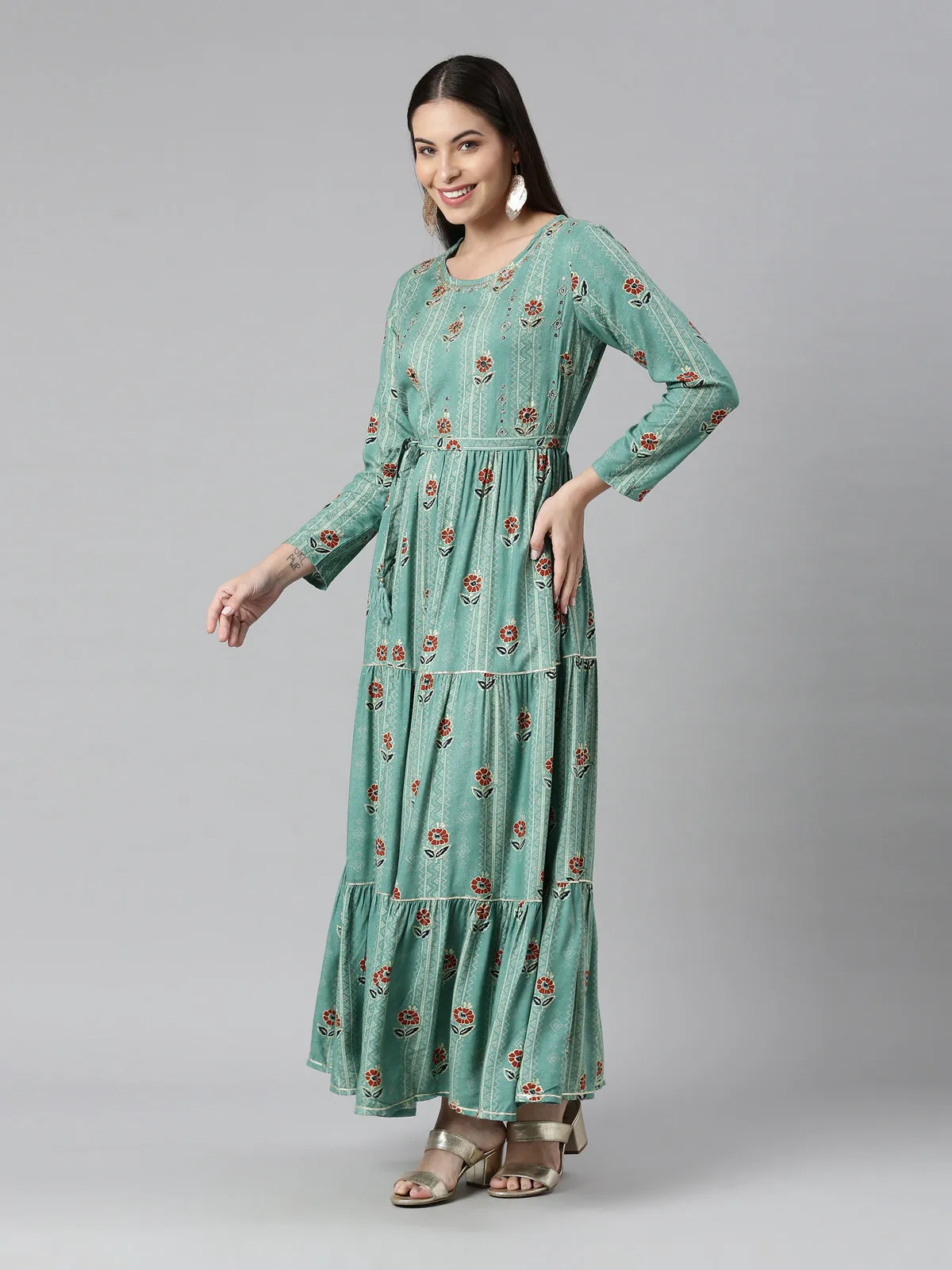 Neerus Women Sea Green Floral Printed Anarkali Kurta