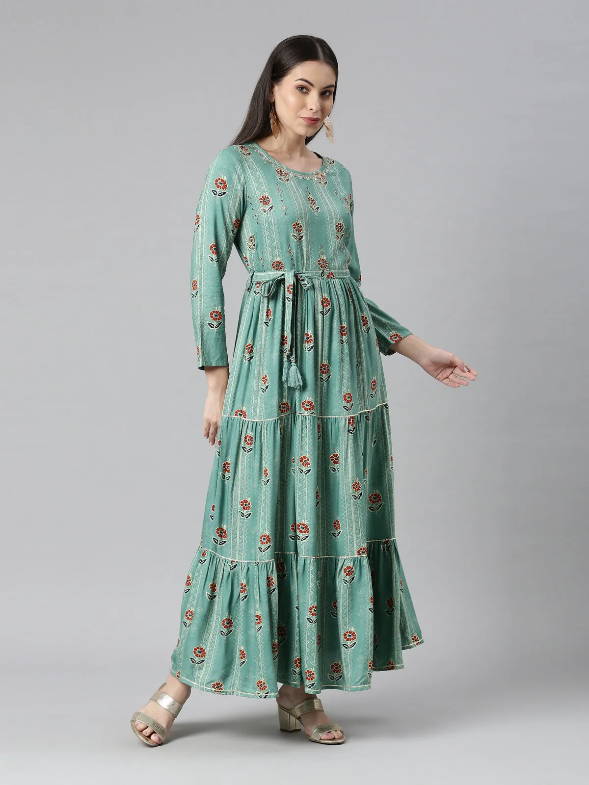 Neerus Women Sea Green Floral Printed Anarkali Kurta