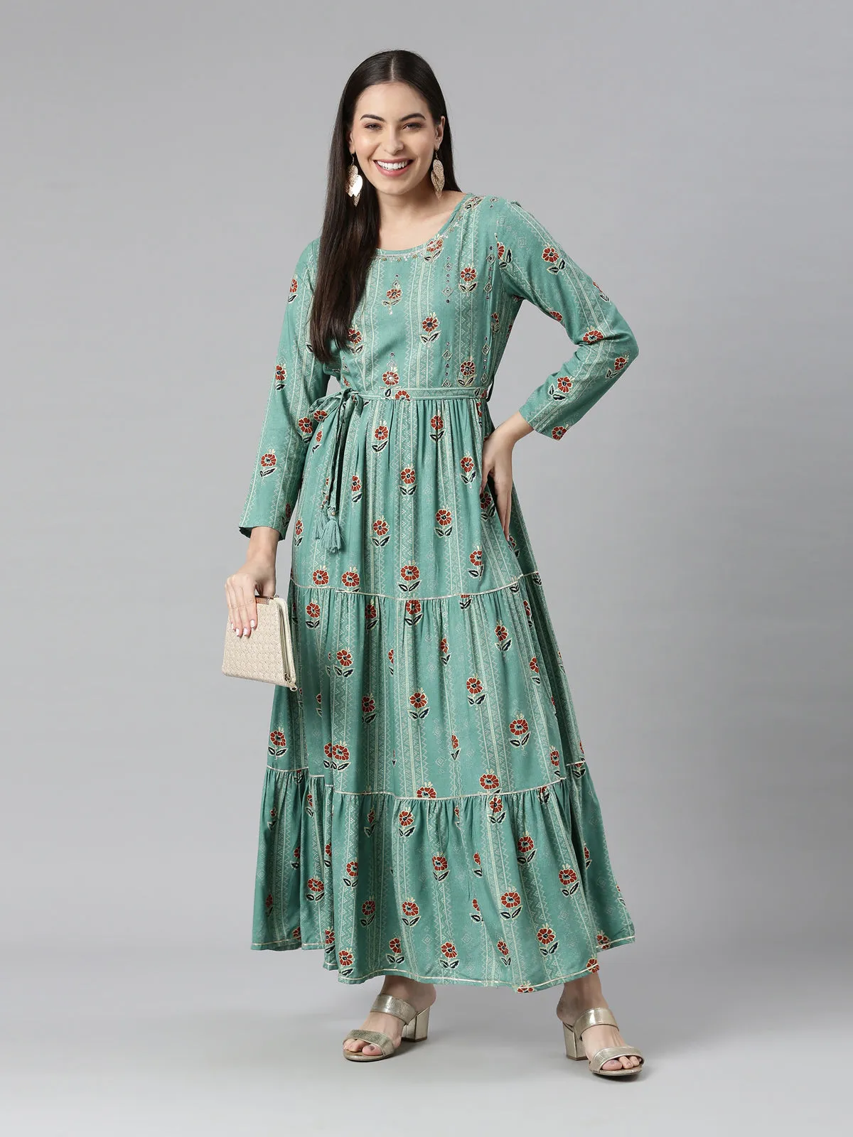 Neerus Women Sea Green Floral Printed Anarkali Kurta